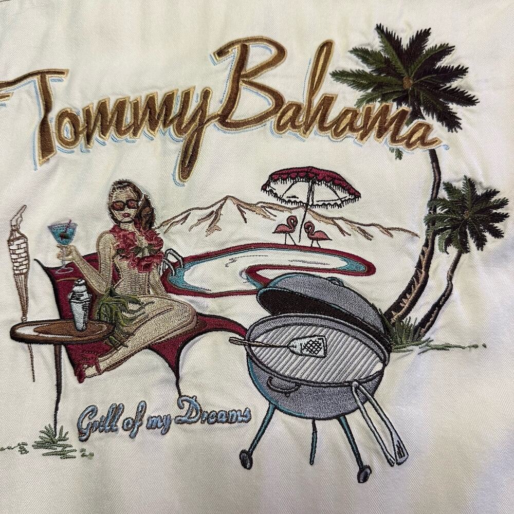 Tommy Bahama Men XL Silk Embroidered "Grill of my dreams" Cream lightweight - Picture 12 of 14